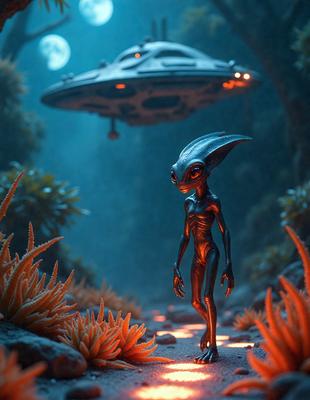 The primary subject of the image is a small, alien-like creature standing in a dark, rocky environment. The creature appears to be a humanoid figure with an odd, elongated head. The setting is a cave-like area with a backdrop of a spaceship, which adds a sense of mystery and intrigue to the scene. The visual style of the image is a combination of photo and digital art, creating a unique and captivating atmosphere. The dominant colors in the image are dark and muted tones, with the alien creature and spaceship being the main focus of the scene.